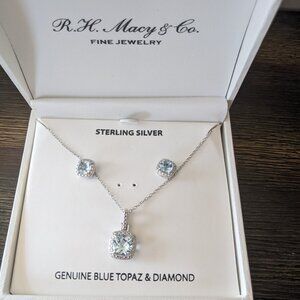 Authentic sterling silver genuine blue topas with diamond necklace and earrings